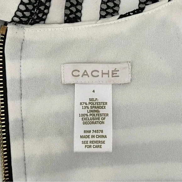 Cache Sexy Bodycon Black Mesh White Stripes Midi Dress Women Size 4 - Picture 5 of 5